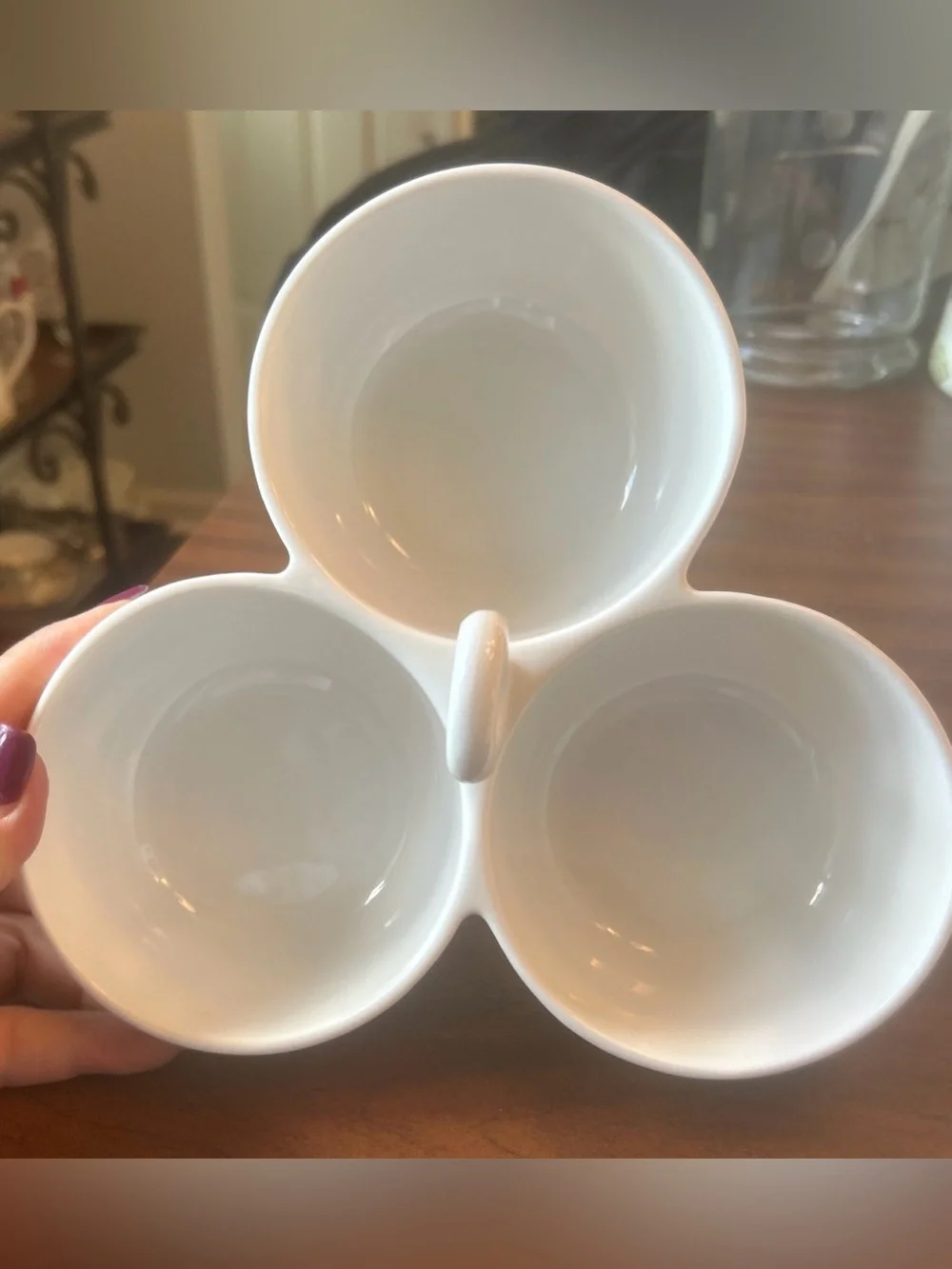 CRATE & BARREL 3 DISH CONDIMENT SERVER WHITE PORCELAIN WITH HANDLE